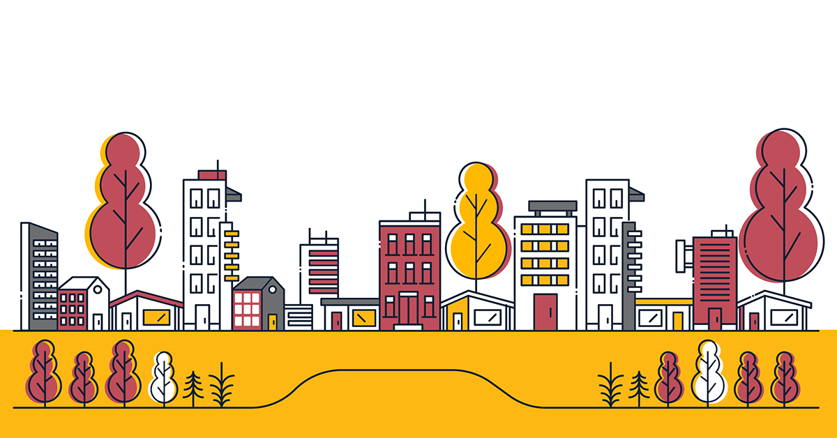 A simple line-drawn scene, in the Here4 Insurance brand colours of yellow and red, depicting a row of different buildings, including houses, apartments, flats, shops, offices, commercial property and rental property. The scene represents the types of UK Insurance available in the Homes and Buildings category on the Here4 Insurance website.